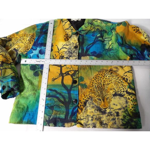 Kaktus USA Linen Top Blouse Button up Cheetah Animal Africa Trees Art to Wear Co - Picture 10 of 15